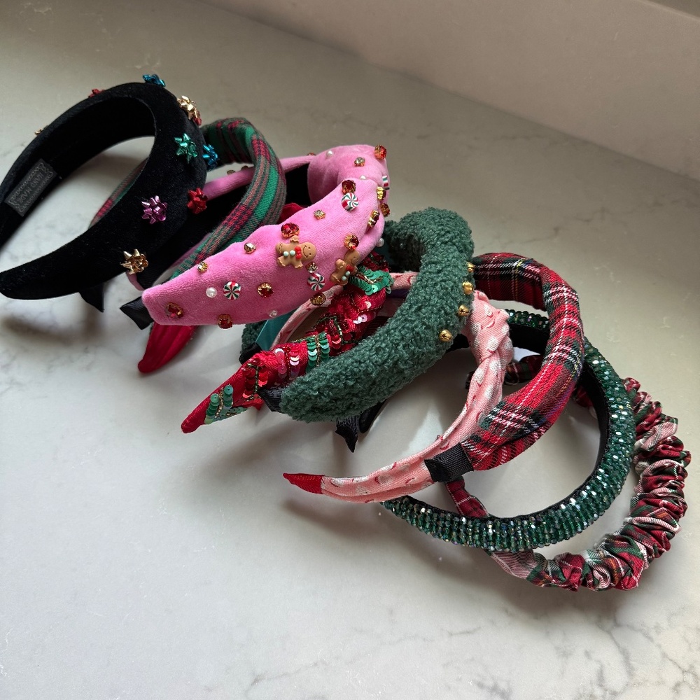 Set of 9 CHRISTMAS HOLIDAY Headbands Santa Plaid Sequin Jewel Knotted Bells Bows